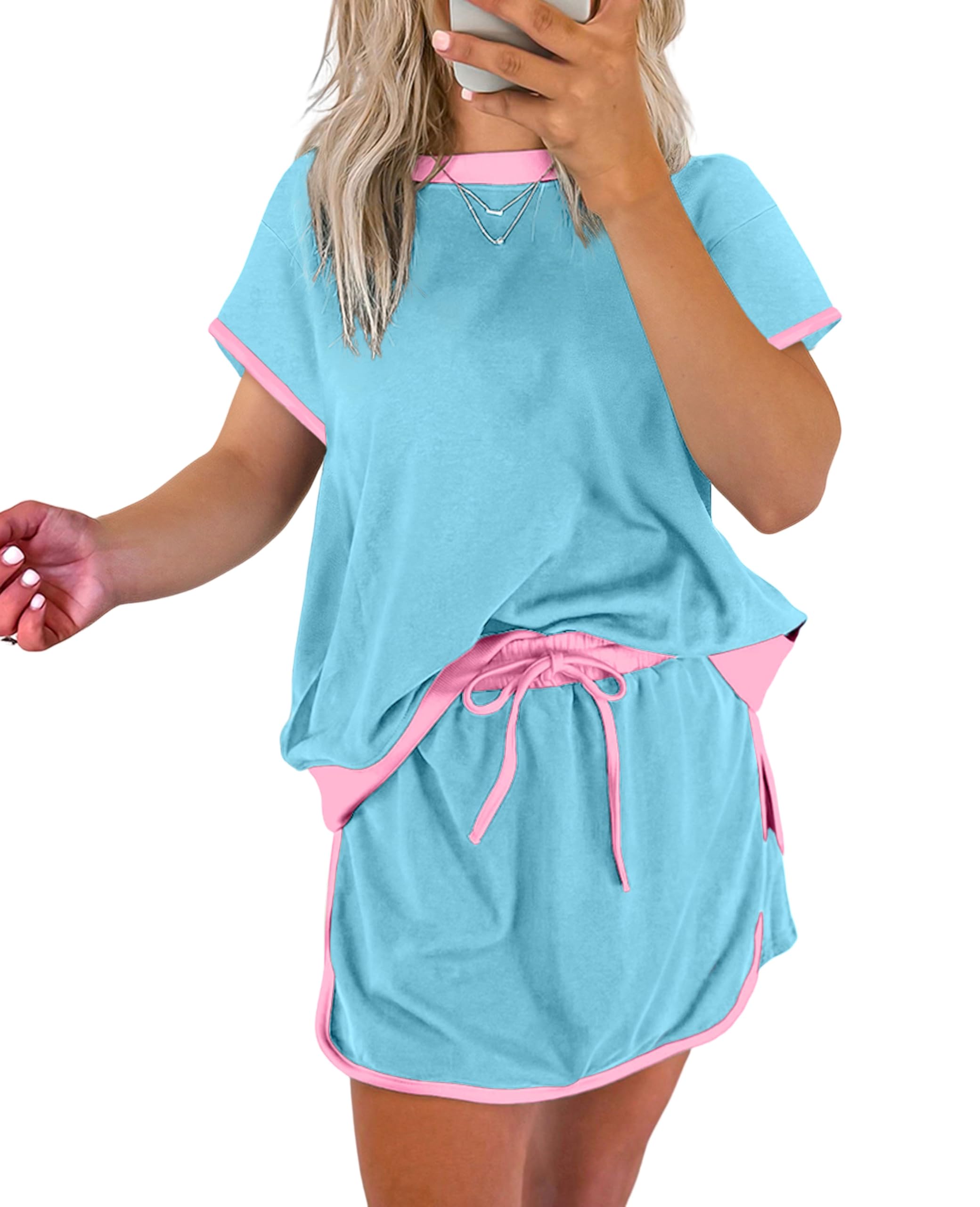 Photo 1 of ************MISSING THE TOP*************
SELINK Lounge Sets for Women 2 Piece Skirt Colorblock Drop Shoulder T Shirt and Skort Set Summer Tracksuits Blue-XL