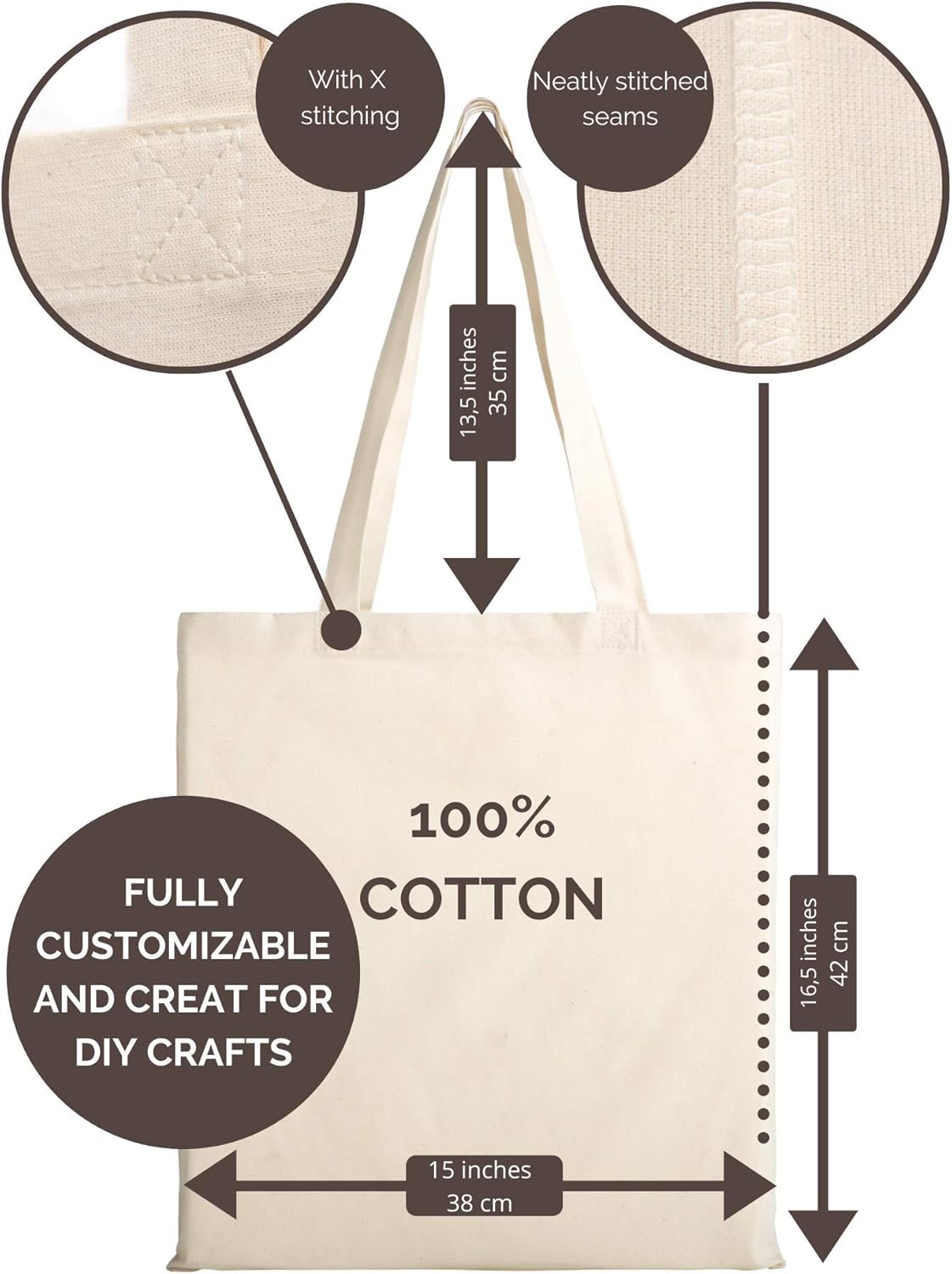POLHIM® Pack of 10 Cotton Jute Bags Fabric Bags Plain 220 g/m² Size 38 x 42 cm Long Handles 70 cm 100% Cotton (Natural) - Image 3