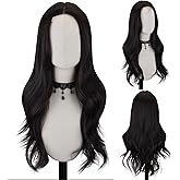 FREE BEAUTY Long Black Wavy Wig for Women 26 Inch Middle Part Curly Wavy Wig Natural Looking Synthetic Heat Resistant Fiber Wig for Daily Party Use