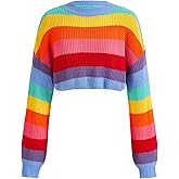 Verdusa Women's Striped Rainbow Cropped Sweater Long Sleeve Lightweight Cute Knit Tops Pullovers