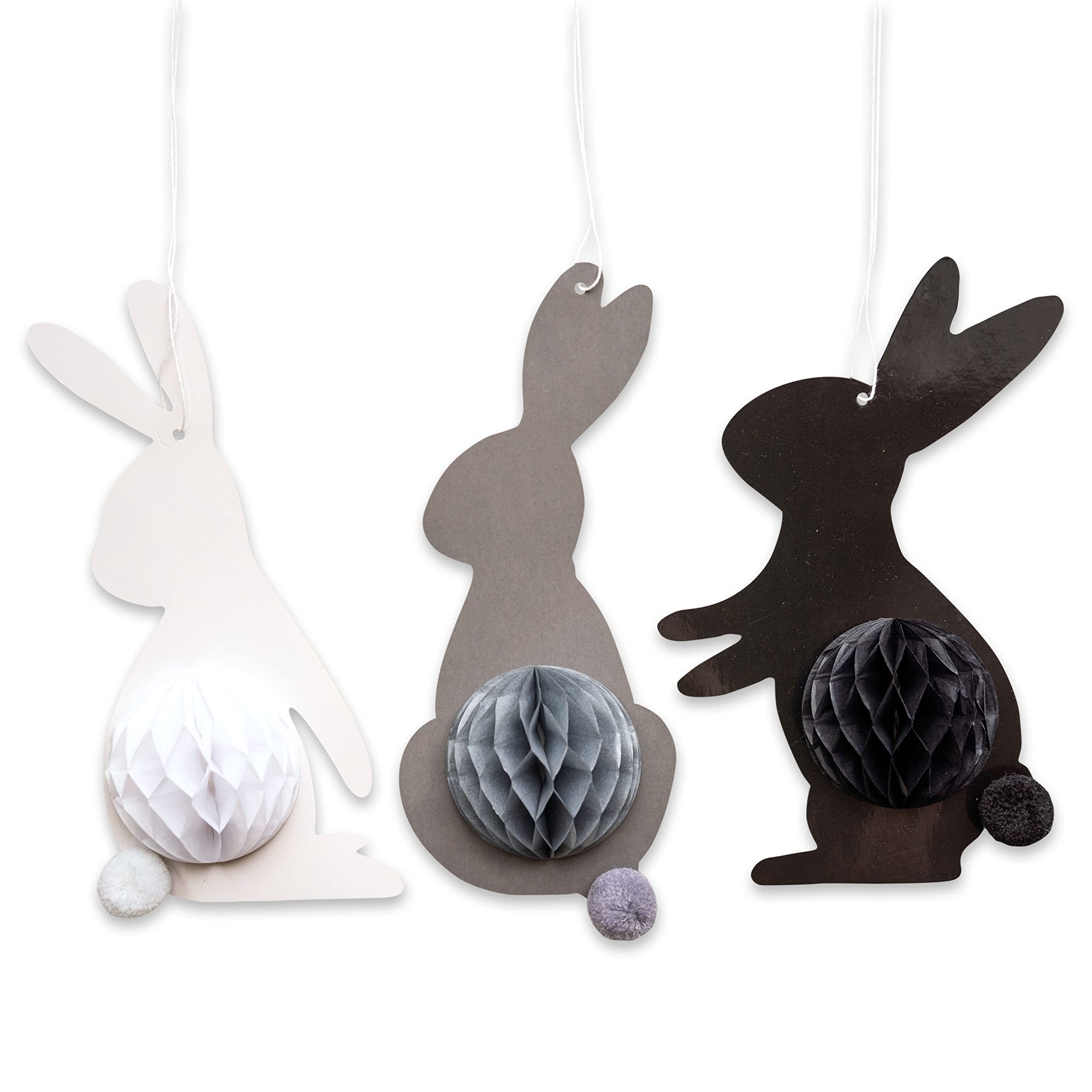 Papierdrachen 3 Honeycomb Easter Bunnies with Tissue Paper for Hanging and Decorating – Size 25 x 12 cm – Ideal Easter Decoration for Shrubs and Branches – Reusable – White, Black – Set 4