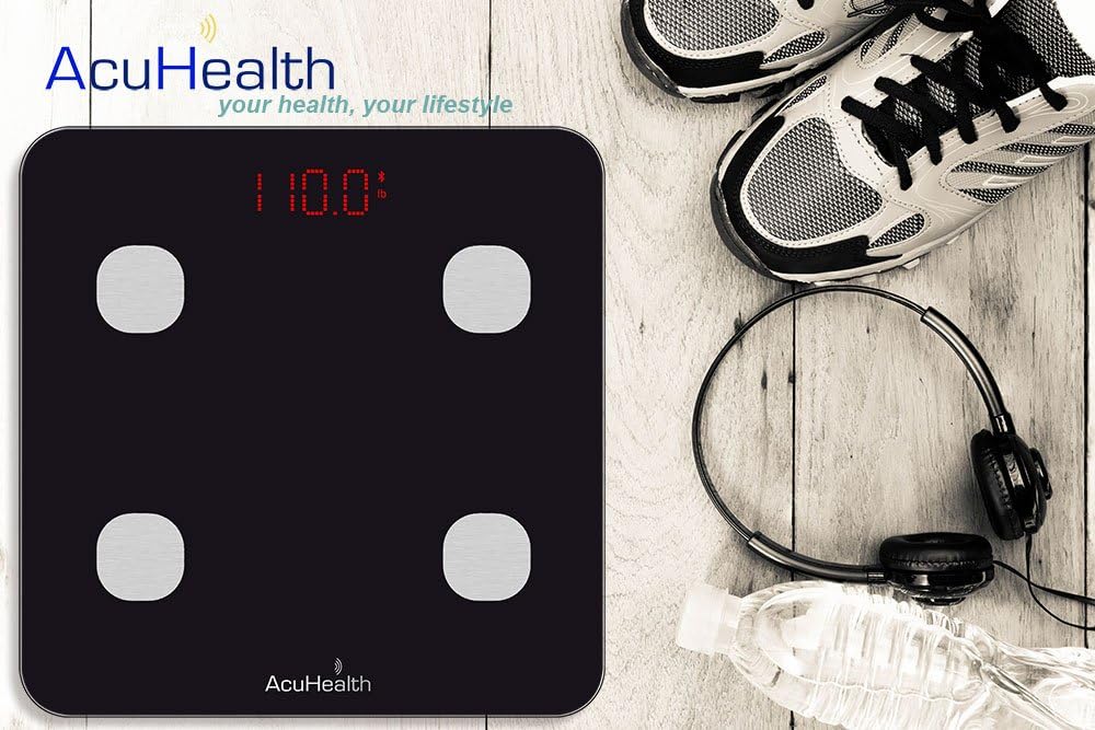 AcuHealth Body Fat Scale and Fitness Analyzer - Your Personal Health Monitor with Bluetooth Connectivity with iOS & Android Smartphone and Tablet Devices Analyzes 10 Heath Parameters (Black): Health & Personal Care