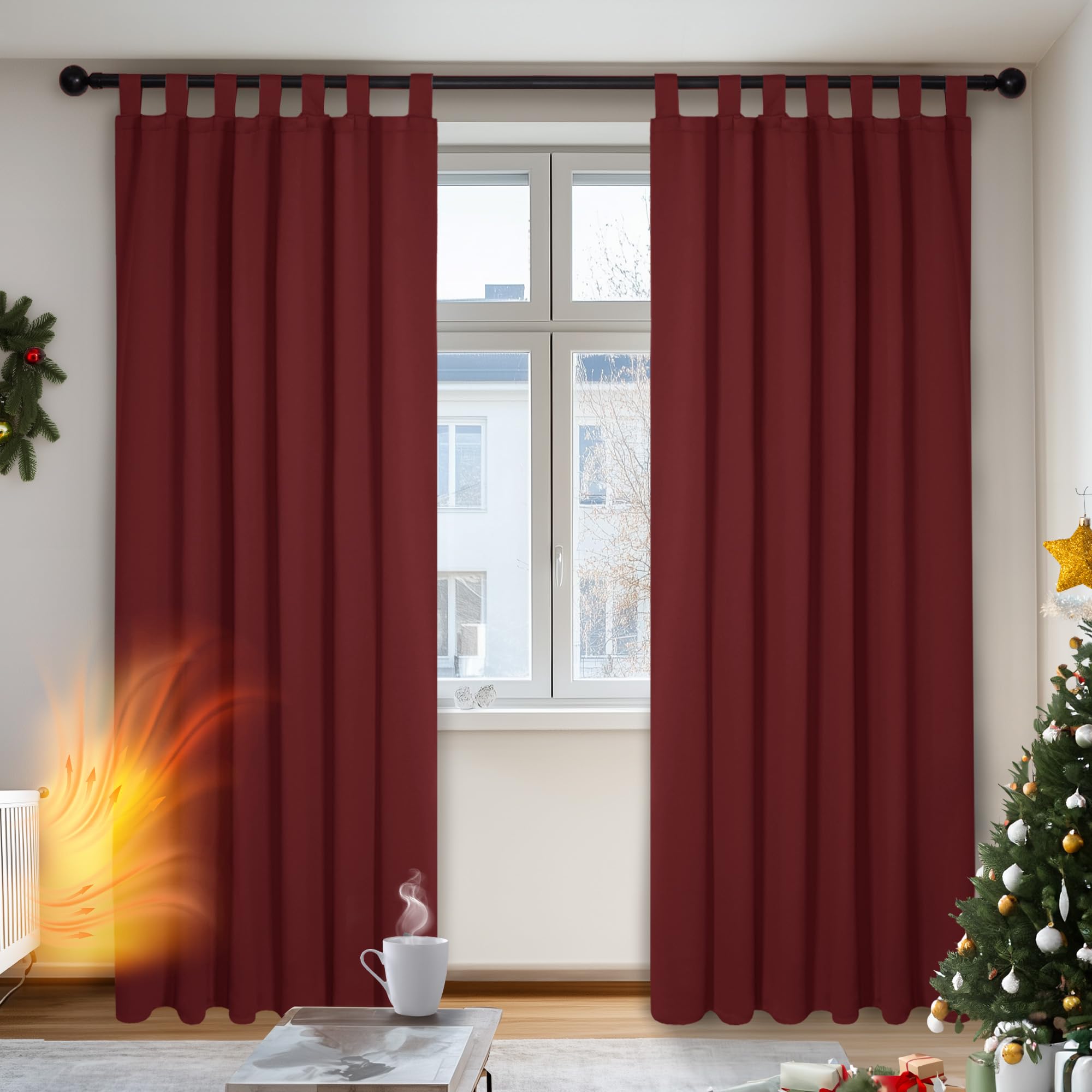 Deconovo Opaque Blackout Curtains with Loops Set of 2, Fabric, red, 220x140