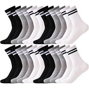 DADAB 12/24 Pairs Striped Crew Socks Unisex, Cotton Mid Crew Socks Size 5-9 | Soft cotton striped crew socks with breathable