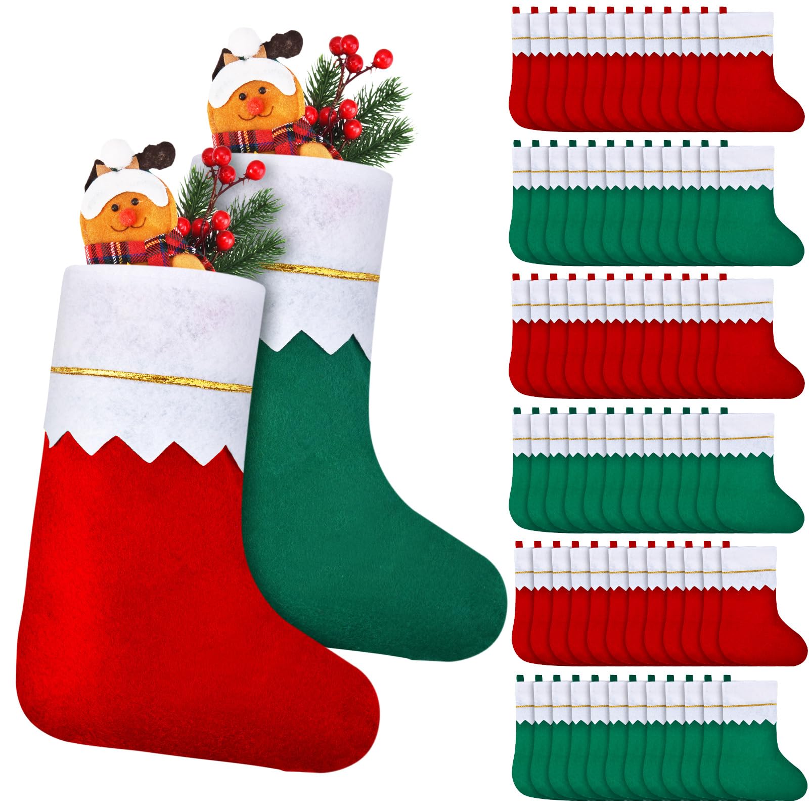 Photo 1 of Skylety 72 Pieces Red and Green Christmas Stockings Bulk Christmas Felt Stockings Decor Tree Hanging Sock Ornament Holiday Fireplace Mantel Stairs Family DIY Craft Stock Gift Bag (4 x 7 Inch)