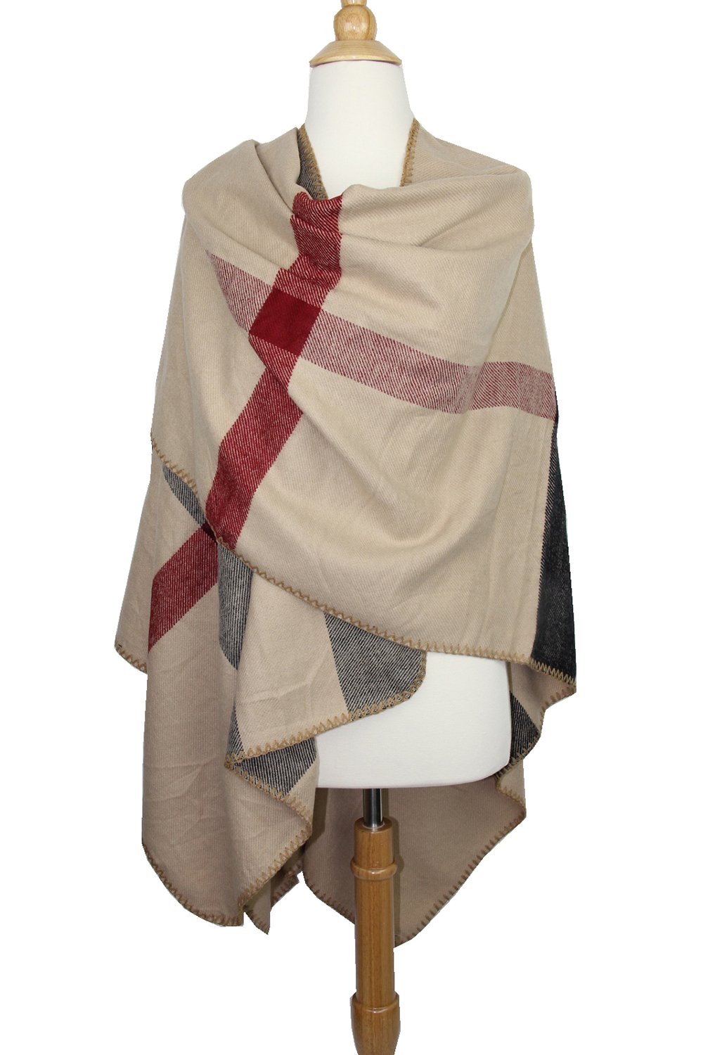 Achillea Women's Color Block Checked Plaid Poncho Cape Shawl Wrap w/Overlocked Seams Achillea Women's Color Block Checked Plaid Poncho Cape Shawl Wrap w/Overlocked Seams