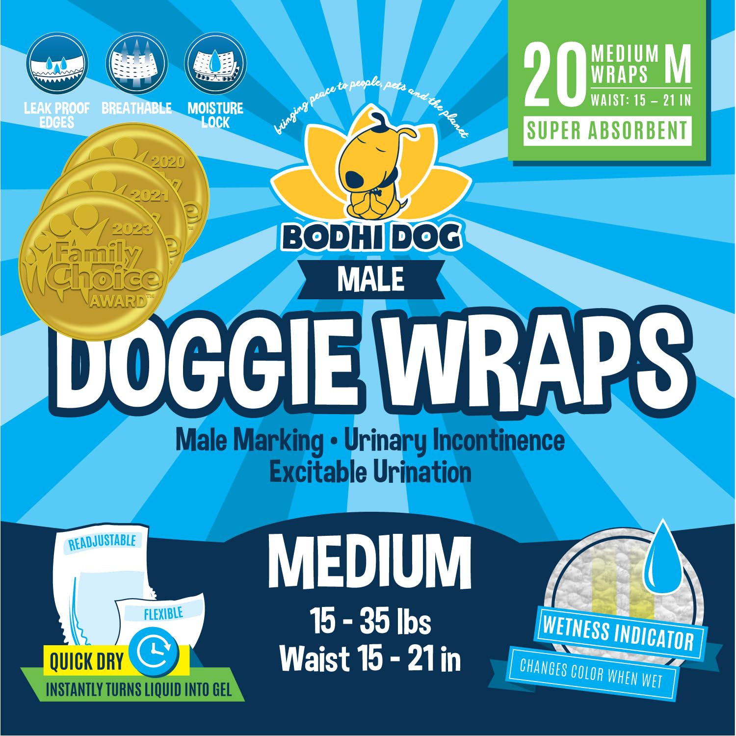 Photo 1 of Bodhi Dog Disposable Male Dog Diapers - Super Absorbent, Leak-Proof Pee Wraps - Adjustable Fit, Comfortable Design, Advanced Moisture Control, and Wetness Indicator - Medium (20 Count)