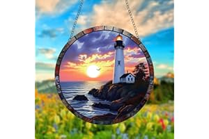 JUNWALL Lighthouse Acrylic Window Hanging, Sunrise Over The Sea Stained Acrylic Window Decor Hanging Ornaments Indoor Outdoor Garden Stained Art Panel Gift for Women Christmas Thanksgiving