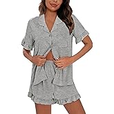 SWOMOG Woman Pajama Set Short Sleeve Pjs Set 2Pcs Short Pajamas Button Down Ruffle Hem Sleepwear Soft Modal Loungewear