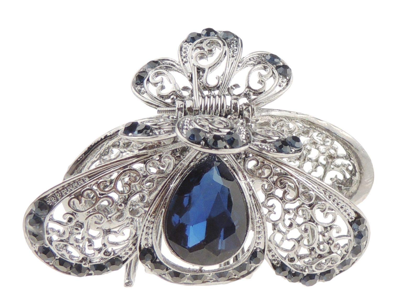 Womens Girls Crystal Rhinestone Diamante Bridal Wedding Guest Party Bridesmaid Birthday Hair Accessories Bulldog Crab Octopus Styling Hair Claw Clamp Clip Small Dark Grey Metal Peacock Feather (Blue)