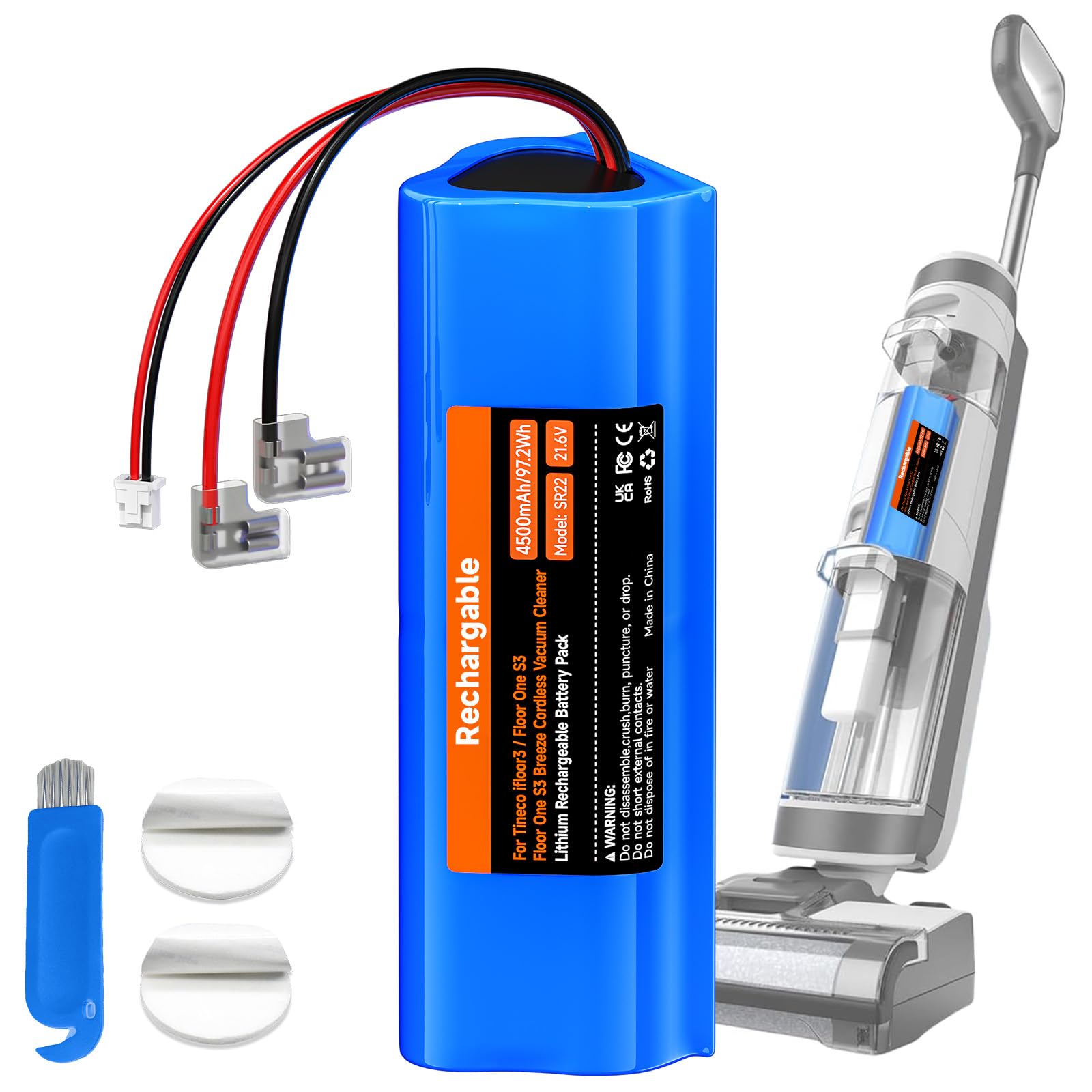 4500mAh/21,6V Nass-Trockensauger Akku für Tineco Floor ONE S3, Floor ONE S3 Breeze Cordless Wet Dry Vacuum Cleaner Batterie Lange laufzeit (1 Akku + 1 Pinsel + 3M-Klebeband) 9