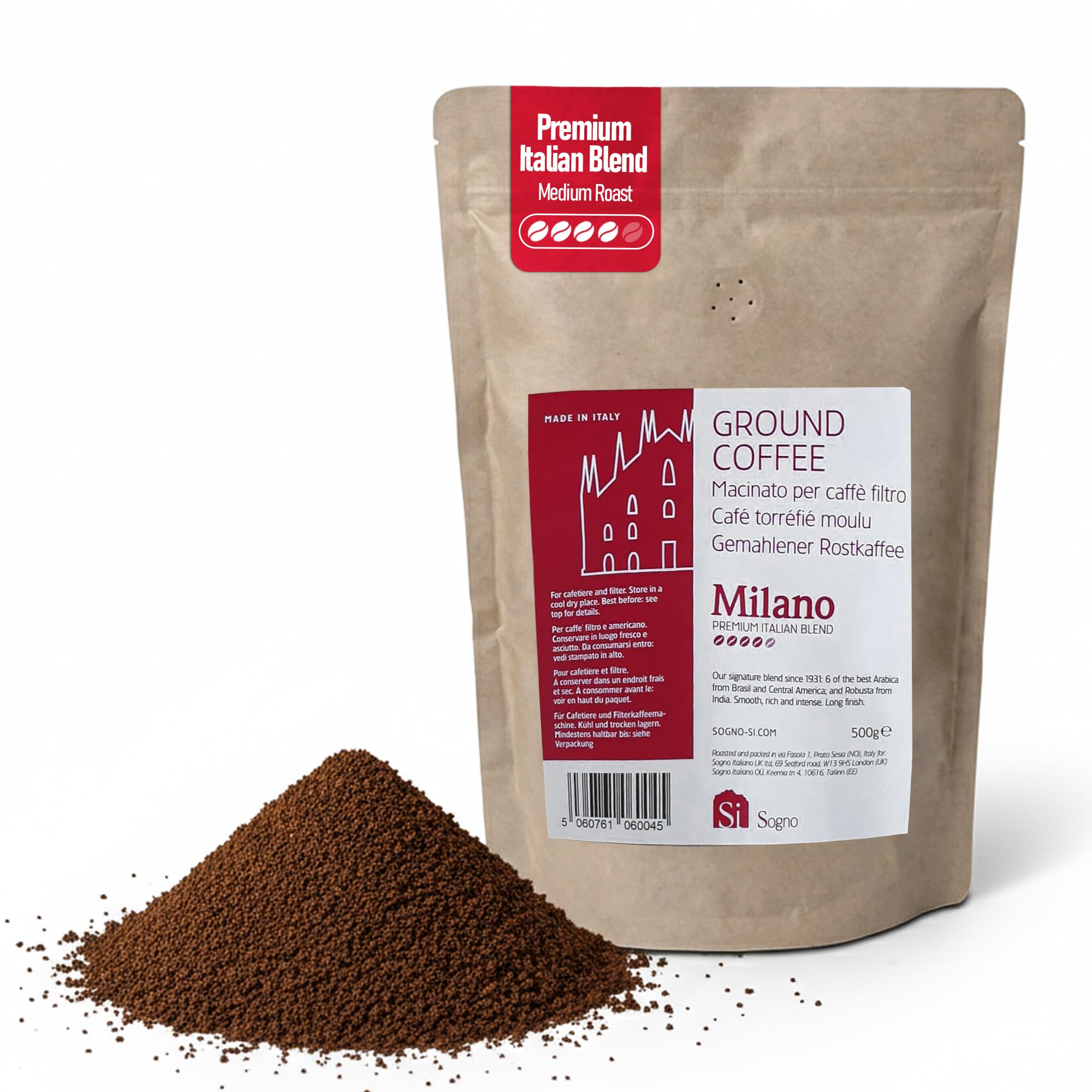 Si Sogno Milano Ground Coffee Medium Roast | Premium Italian Blend, Rich and Smooth; Medium Roast, 500g - Perfect for Moka Pots & Filters