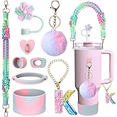 Mity rain 9PCS Cup Accessories for Stanley Cup 30oz 40oz 20oz tumbler with handle - Includes Colorful Water Bottle Handle Strap,Straw Topper,Spill-Proof Stopper,initials Charms,Boot,Pom-Pom Decorate
