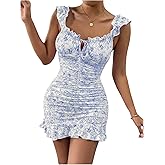 Floerns Women's Floral Print Off Shoulder Milkmaid Dress Ruched Ruffle Hem Bodycon Mini Dress