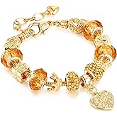 Leprato Gold Plated Heart Charm Bracelet Glass Crystal Beaded Bracelet Stunning Jewelry Gifts for Women