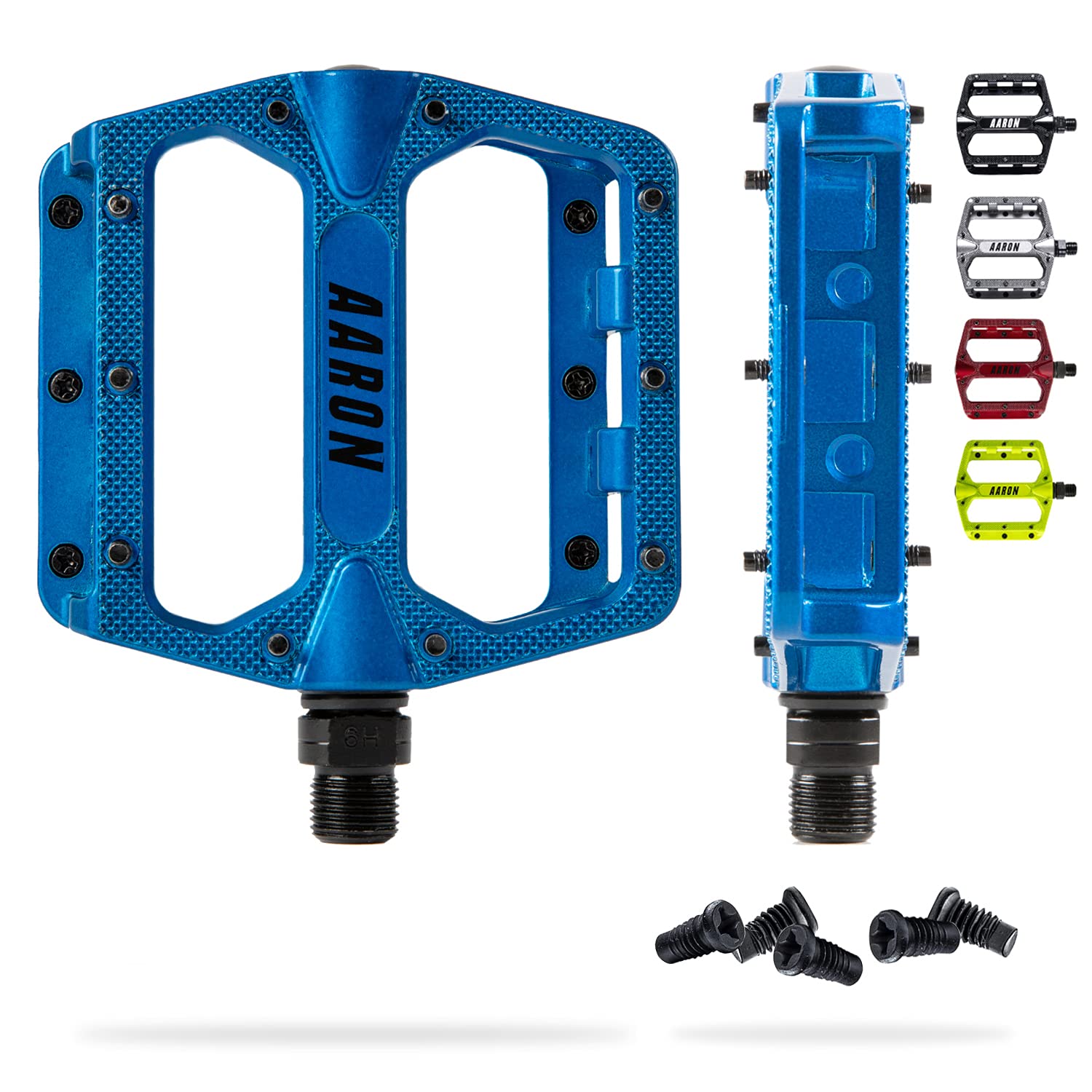 AARON - Rock Aluminium Mountain Bike Pedals with Industrial Ball Bearings - Anti-Slip with Replaceable Pins - Platform Pedal for E-bikes, MTB, Trekking Bikes - Blue