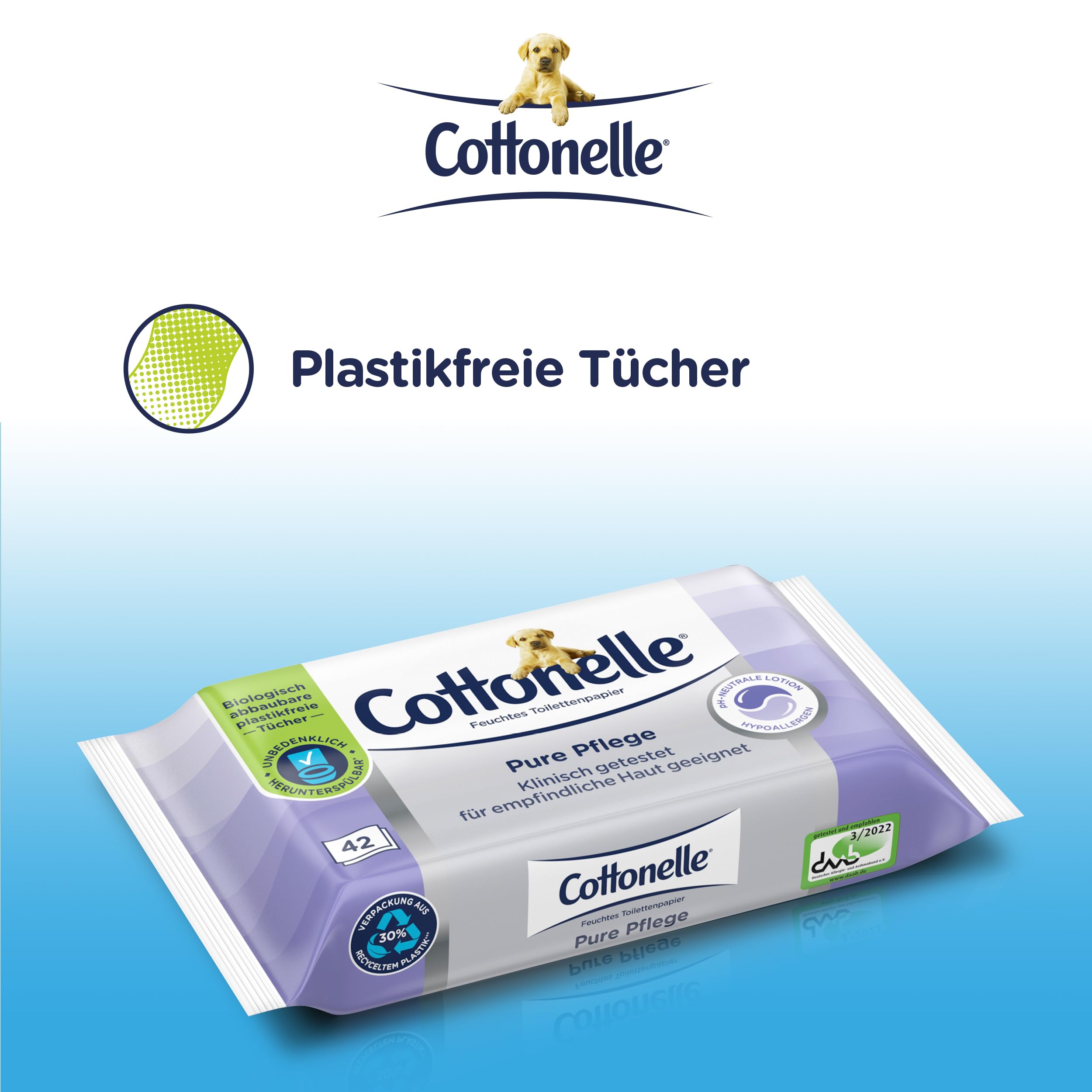 Cottonelle Feuchtes Toilettenpapier Pure Pflege, ultra-sensitive, 99% Wasser, 12 x 42 Tücher, parfümfrei & hypoallergen 6