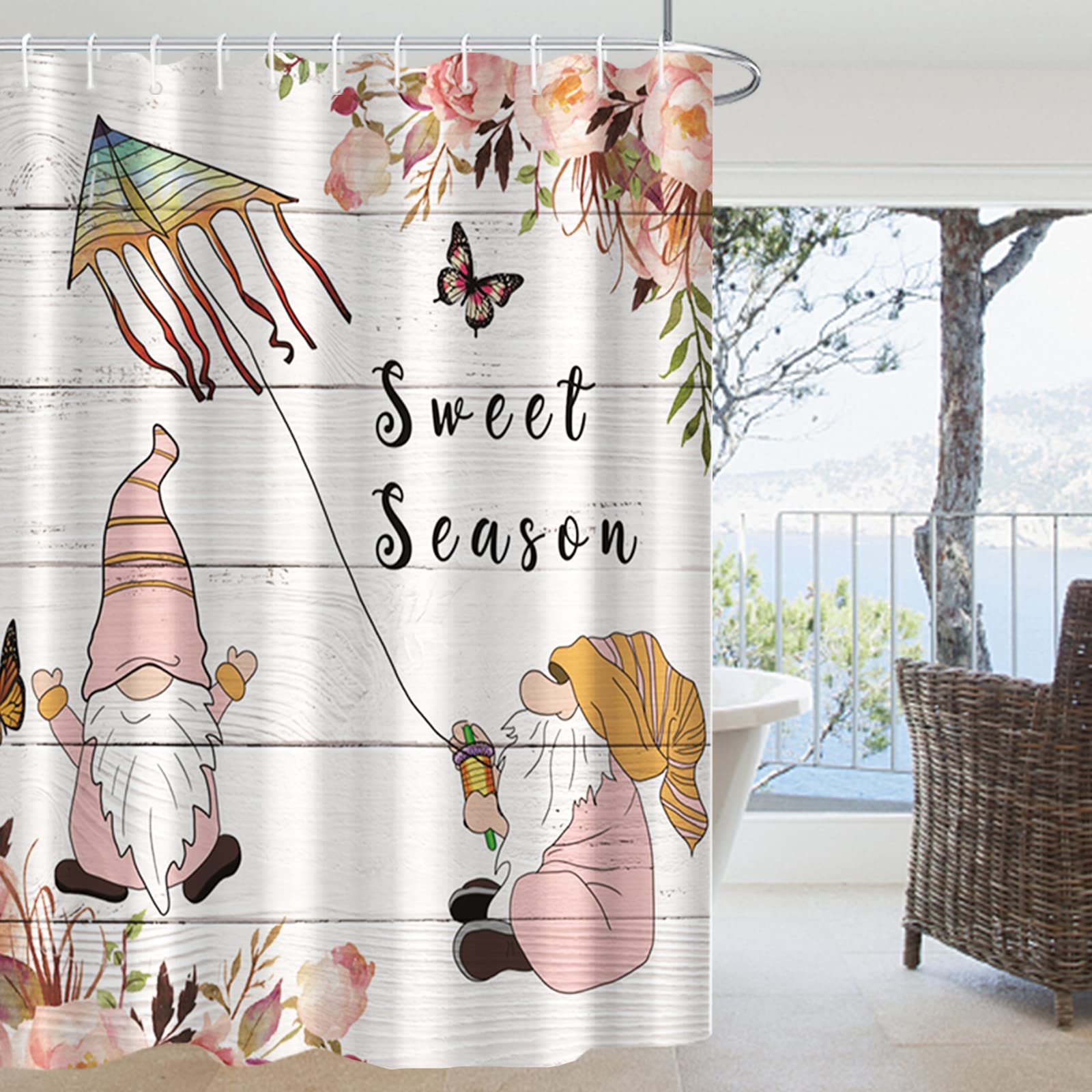 Bovlleetd Sweet Season Shower Curtain Gnome Bathroom Decoration Curtains Dwarf Flying Kite Bathroom Curtain with Hooks Spring Butterfly Flower Pattern Art Decorative Curtain for Bathroom 72x74 inch — image 1