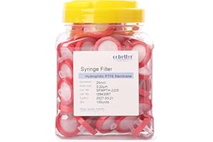 COBETTER 100 Pack Syringe Filter PTFE hydrophilic Lab Filters 0.22μm Pore Size 25mm Diameter Filtration Non-sterile Red