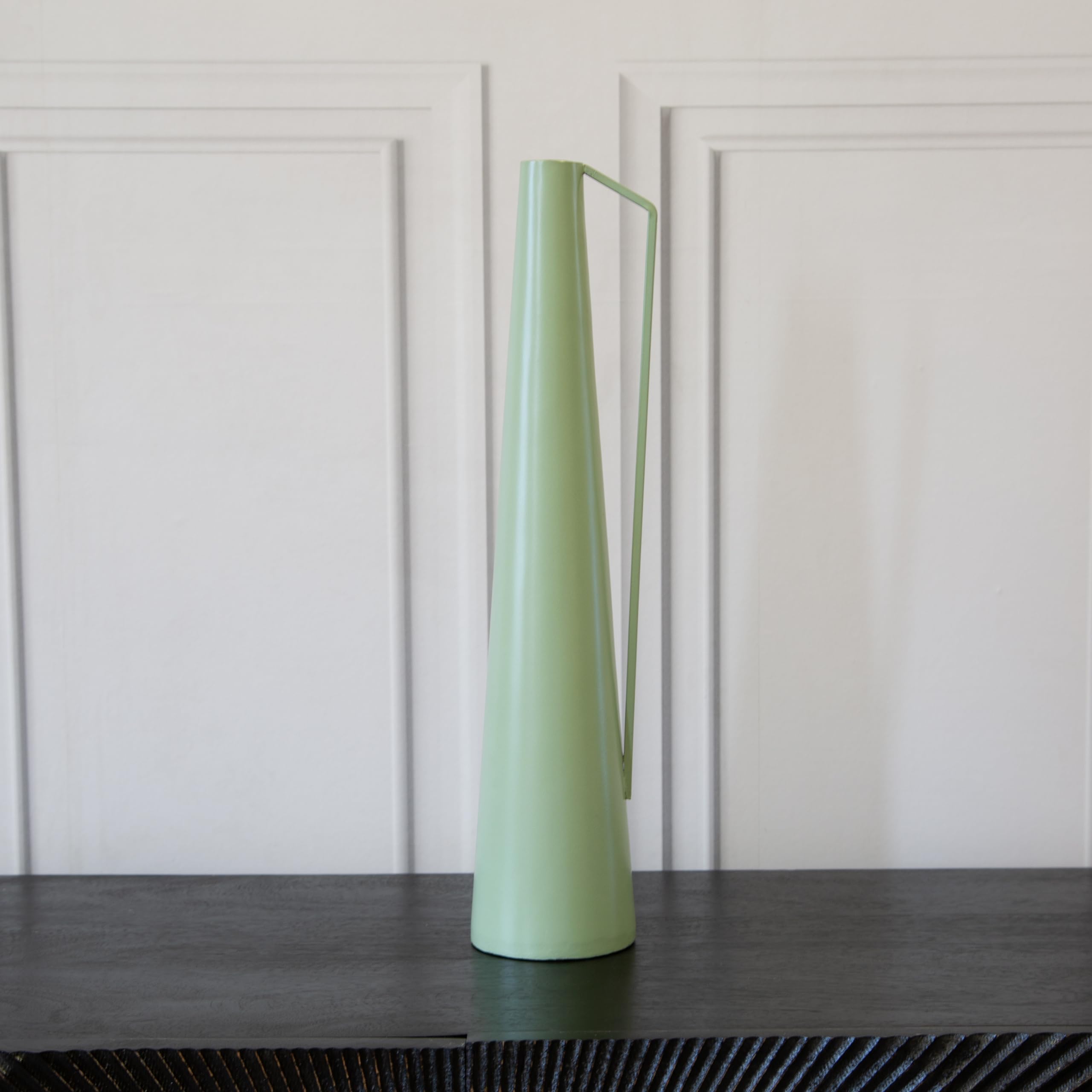 Sage Green Eclectic Modern Decorative Glossy Roman Vases, Metal Powder Coated Finish, Vase With Handle - For Home Decor, Living Room, Bedroom Or Conservatory