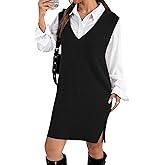 Zeagoo Women's V Neck Sweater Vest Dress Oversized Sleeveless Casual Pullover Sweater Fall Winter Knit Slit Short Dress