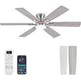 Ceiling Fans with Lights and Remote Control, Brushed Nickel Flush Mount Ceiling Fan with Light 3-Color Dimmable, Memory for Lighting and Fan Reversible, 6-Speed, Timer, Indoor/Outdoor Use, 52 Inch