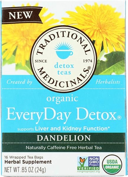TRADITIONAL MEDICINALS ORGANIC EVERYDAY DETOX DANDELION HERBAL TEA, SUPPORTS LIVER & KIDNEY FUNCTION, (PACK OF 2) – 32 TEA BAGS TOTAL