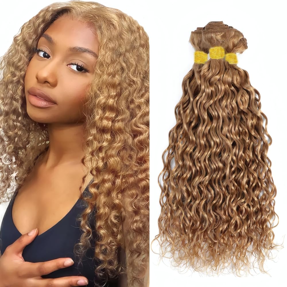 Photo 1 of LOIUMGUU Honey Blonde Bundles Color #27 Water Wave Human Hair 3 Bundles 10 12 14 Inch Unprocessed Brazilian Virgin Hair Color #27 Human Hair Blonde Water Wave Hair Weave