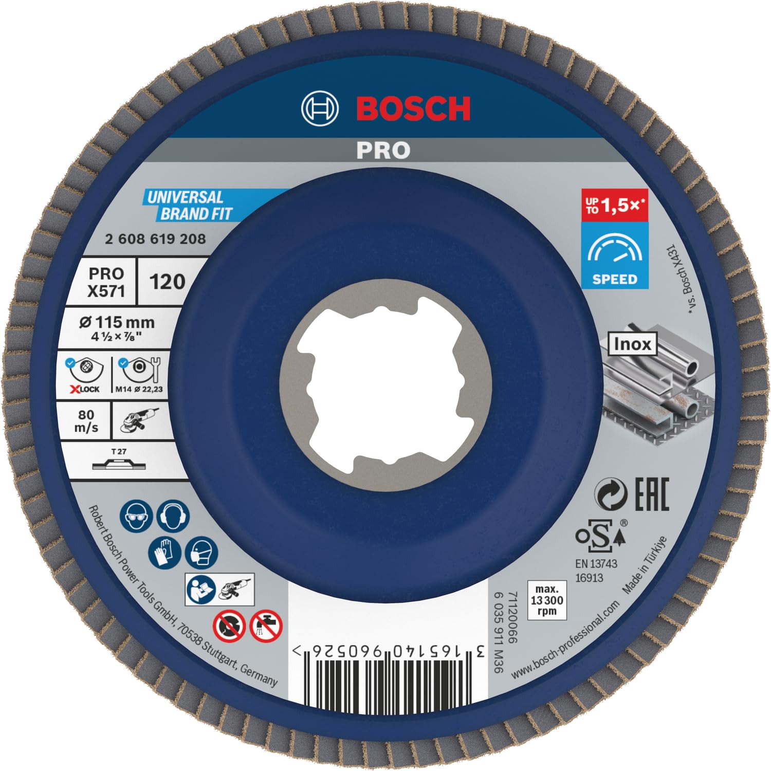 Bosch Professional 1x Straight Flap Disc Best (for Metal, X-LOCK, X571, Diameter 115 mm, Grit Size K120, Bore Diameter 22.23 mm, Accessories for Angle Grinders)