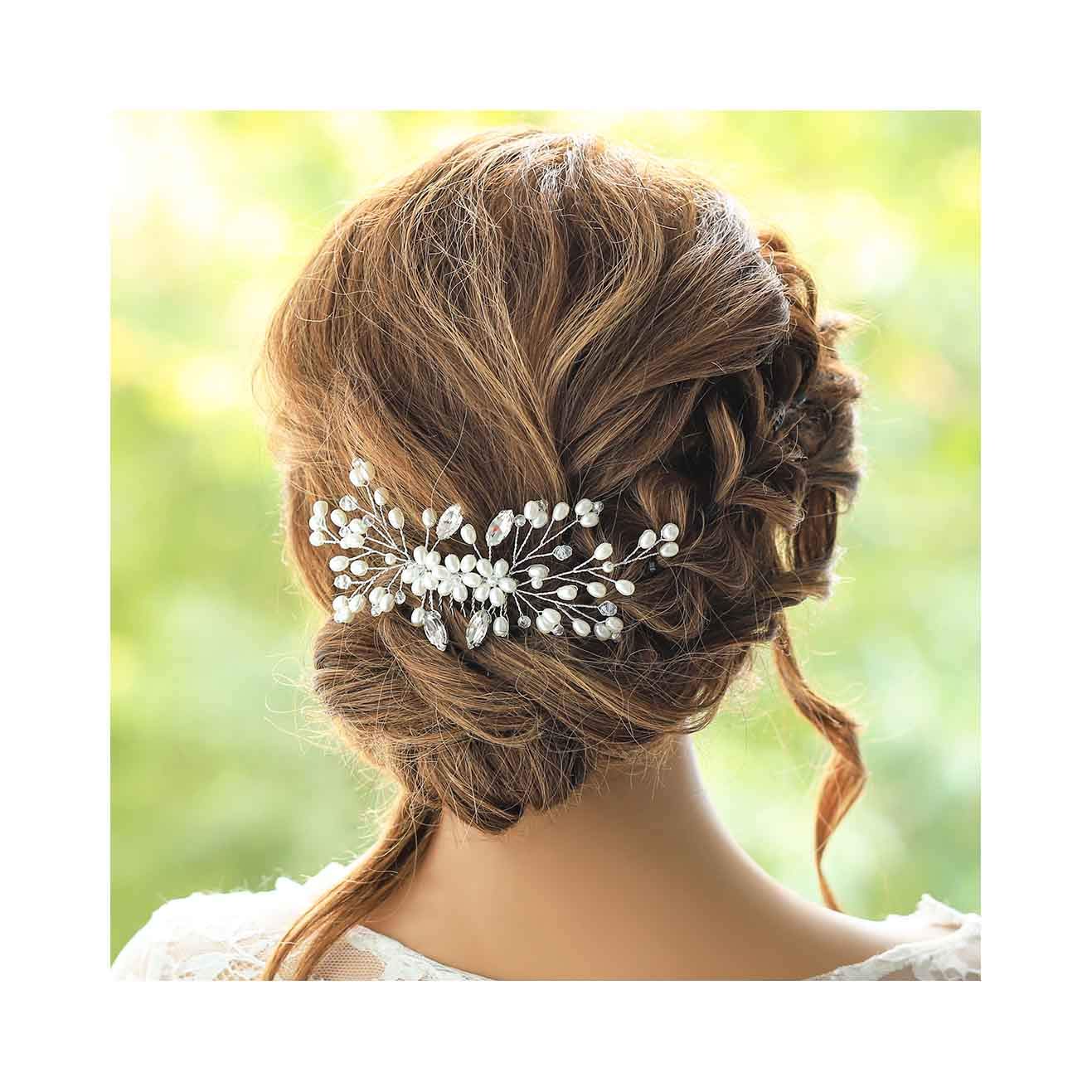 Fstrend Bridal Wedding Hair Comb Silver Crystal Pearl Flower Bride Hair Side Combs Clips Rhinestone Hair Accessories for Women and Girls : Beauty
