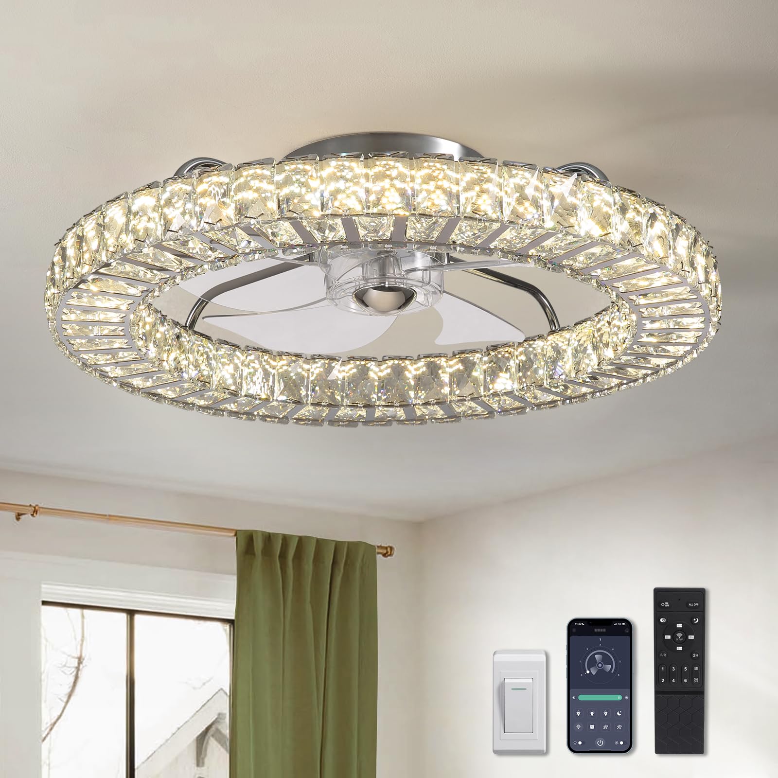 Photo 1 of LUDOMIDE Flush Mount Ceiling Fan with Light, 22" Modern Crystal Chandelier Ceiling Fan with Smart 4-Light Color Change, LED Ceiling Fan Fandelier, Low Profile Ceiling Fan for Bedroom (Silver)