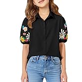 Haloumoning Girls Button Down Shirts Kids Puff Short Sleeve Shirt Summer Blouses Cute Tops Tees 5-14 Years