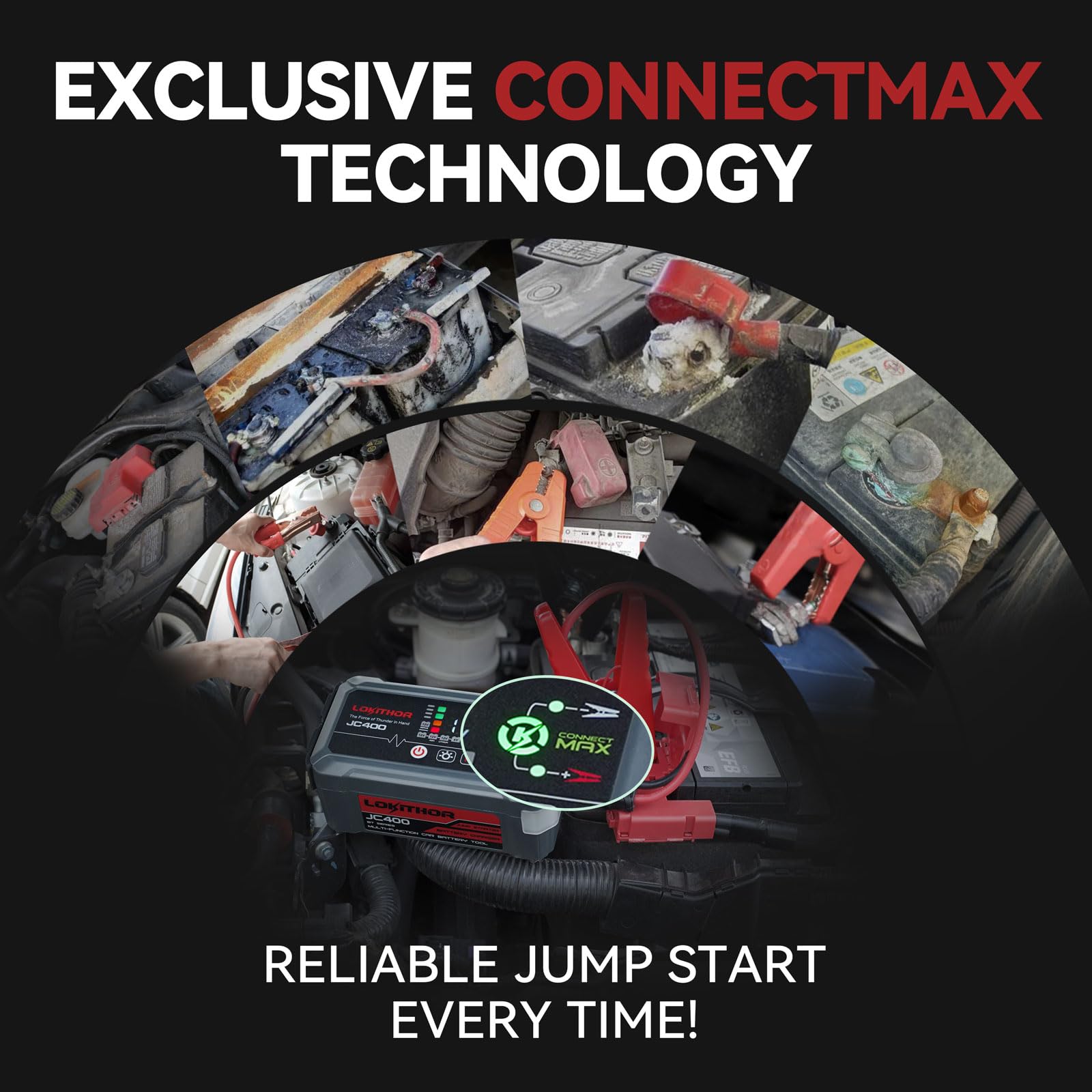 LOKITHOR JC400 9-in-1 Jump Starter and Battery Charger, 2500A 12V Portable Jump Box for Upto 8.5L Gas/6.5L Diesel, 750mA/1A/2A, 6V/12V Automotive Battery Maintainer, Trickle Charger and Desulfator