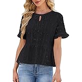 VIMPUNEC Womens Dressy Casual Blouses Summer Eyelet Peplum Shirts Short Sleeve Crochet Lace Tops