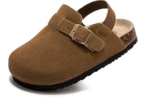 VAYFIO Soft Suede Kids Clogs for Toddlers - Adjustable Buckle Slip-On Mules for Boys & Girls, Featuring Cork Footbeds & Leather Details, Stylish & Comfortable Potato Shoes