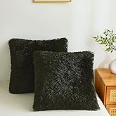 FOPPA Plush Throw Pillow Covers Black 18"x18" Faux Fur Furry Cushion Covers Shaggy Fuzzy Fluffy Pillow Cases Decorative Pillow Shams with Zipper Set of 2 for Sofa Living Room Bedroom Interior