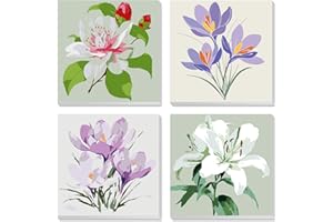 MXJSUA 4 Pack Framed Canvas Paint by Numbers for Kids Adults, Lilies Magnolias Flowers Paint by Numbers Kit for Children Beginners, DIY Acrylic Painting Craft Kits for Home Wall Decor, 8x8 inch