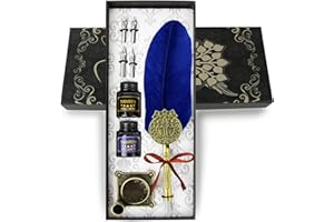 TIANREN Quill pen ink set,Feather Pen and Ink Set,Antique Calligraphy Pen with 4 Replaceable Nibs,2 Bottle of ink,Feather Dip Pen Holder Christmas Gift for Men&Women.(Blue)