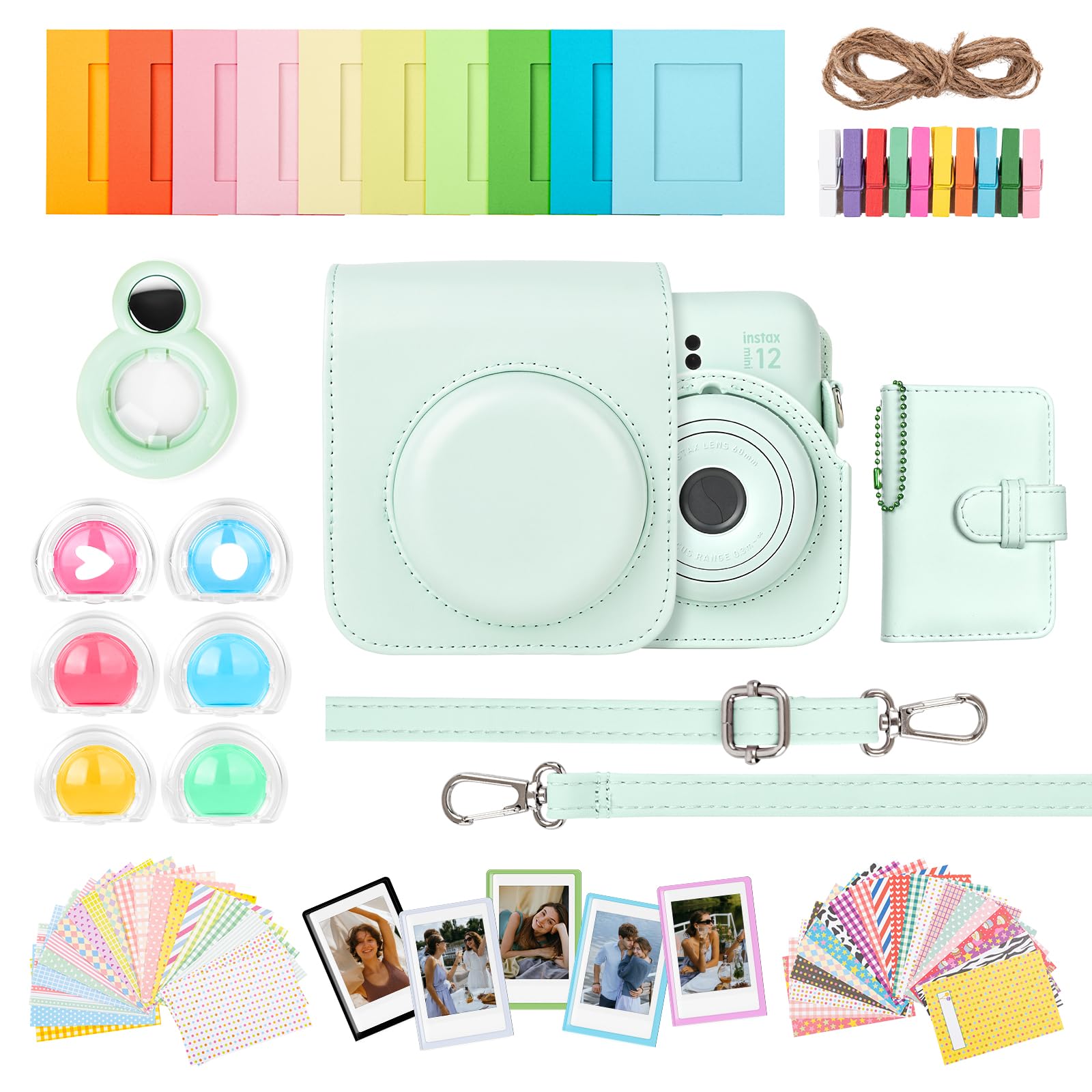 HIYQIN 8 in 1- Camera Case and Accessories Compatible with Fujifilm Instax Mini 12, Mini 12 Case/Photo Album/Photo Frame & Stickers/Lens Filter/Selfie Mirror - Mint Green