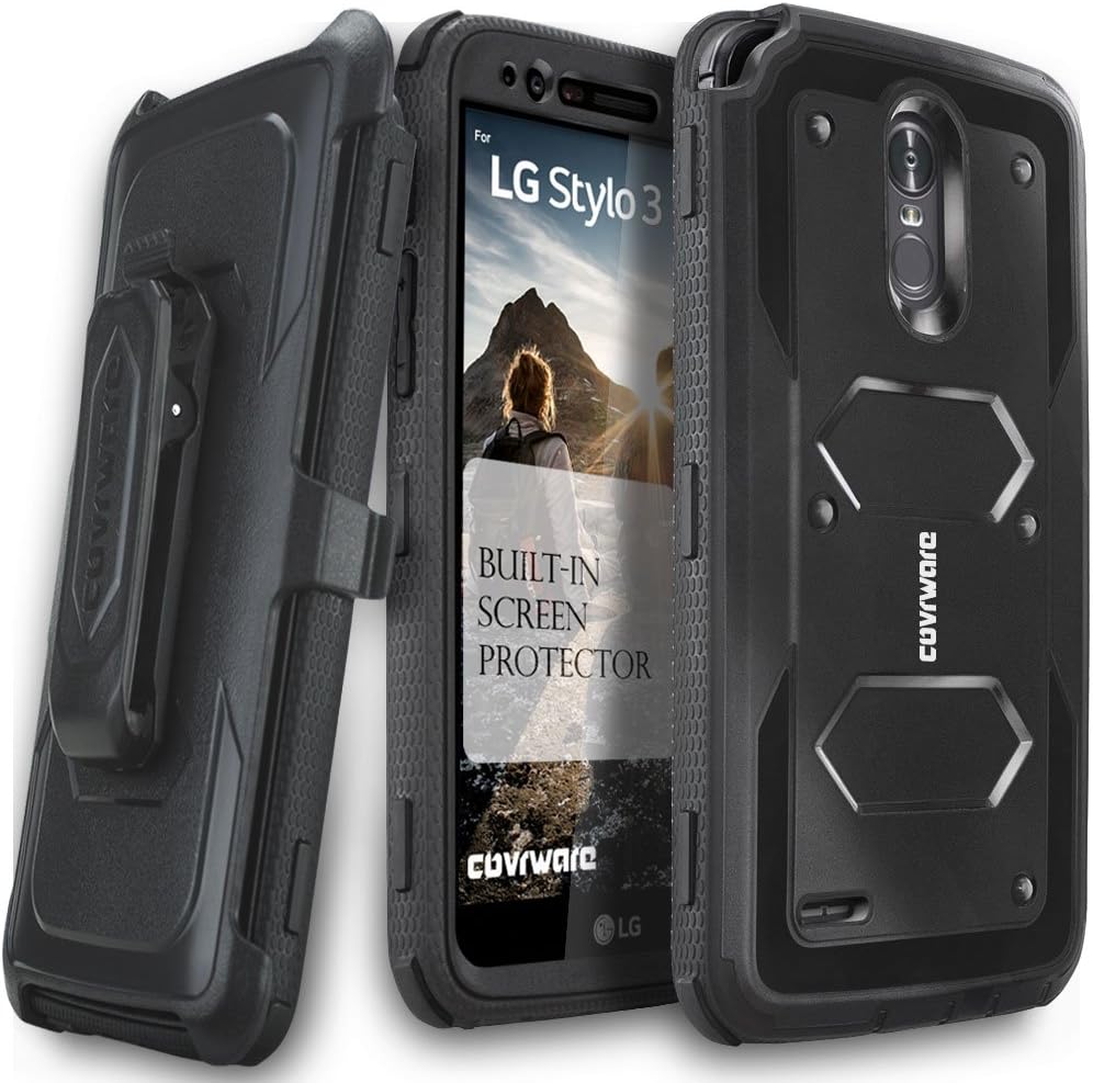 Aegis Series Case Compatible with LG Stylo 3/3 Plus with Built-in Screen Protector Holster Belt Clip Kickstand Heavy Duty Full Body Armor Shockproof Protective Cover - Black