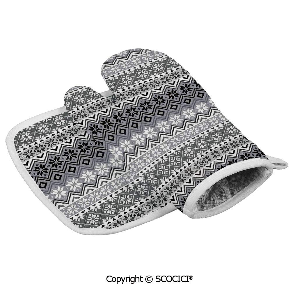 SCOCICI Oven Mitts Glove - Nordic Snowflake Patterns Scandinavian Motifs Traditional Modern Print Heat Resistant, Handle Hot Oven Cooking Items Safely