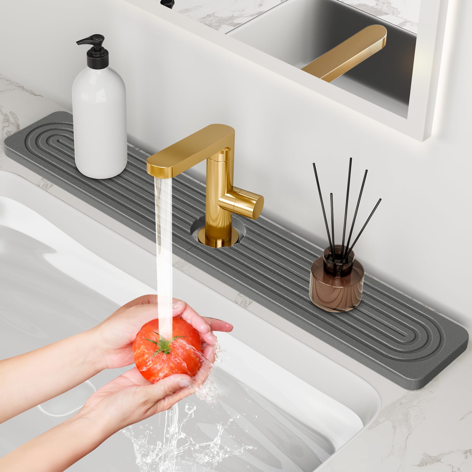 Photo 1 of 24'' Longer Faucet Mat for Kitchen Sink [Diatomite Stone Super Fast Drying] Stone Faucet Mat for Kitchen Sink Splash Guard Sinks Stones Quick Dry Around Faucets Stones Drying Mats Bathroom