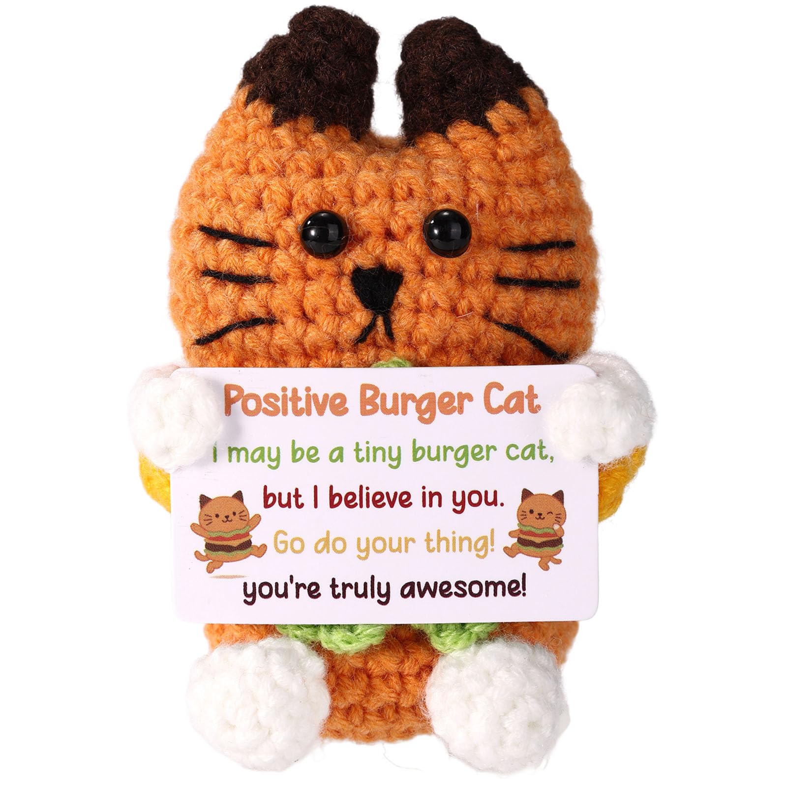 TOYMIS Crochet Hamburger Cat, Positive Handmade Knitted Cat Doll Crochet Motivational Doll with Encouragement Card for Women Men Friends Coworker Birthday Gift