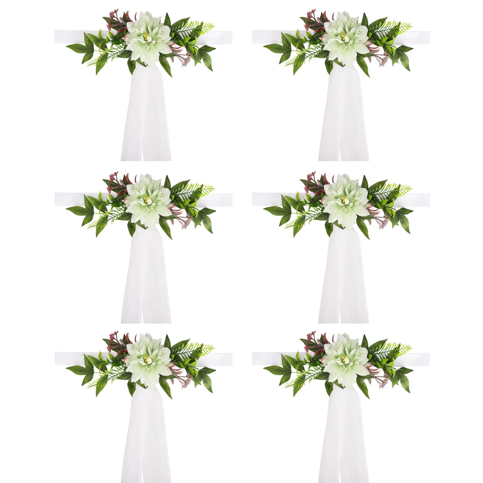 BEIJIALY Wedding Aisle Decorations Pew Flowers Set of 6, Church Chair Bench Pew Bows Artificial Penoy Chair Decor with Eucalyptus and Ribbons for Wedding Ceremony Church, Green