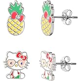 Sanrio Hello Kitty Stud Earrings for Women Official License 2-Pair Pack, Silver Flash-Plated and Crystal Hello Kitty Earrings