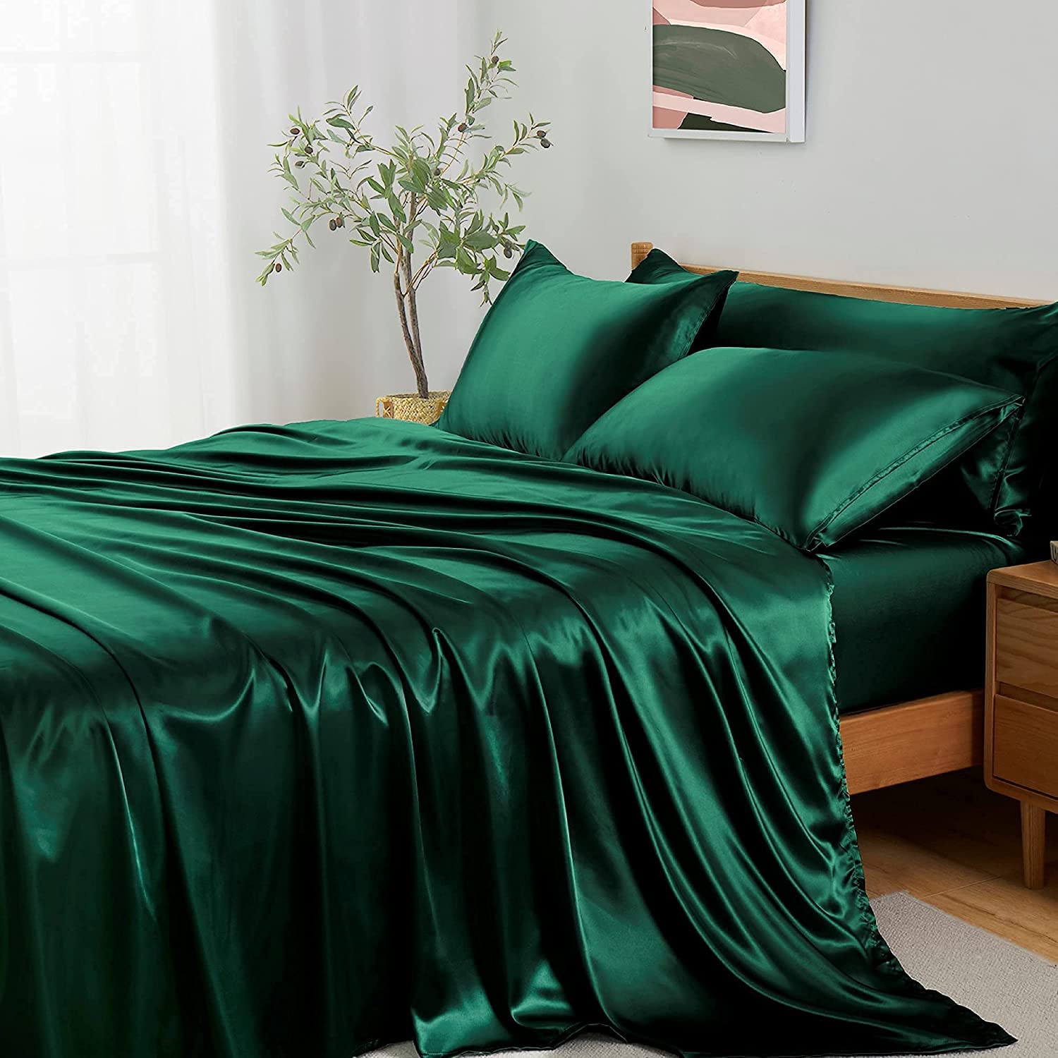 Lanqinglv Double Duvet Cover Set Dark Green Silky Satin Luxury Bedding Set Double Bed Smooth Shiny Quilt Cover 200x200cm with Zipper Closure and 2 Pillowcases 50x75cm