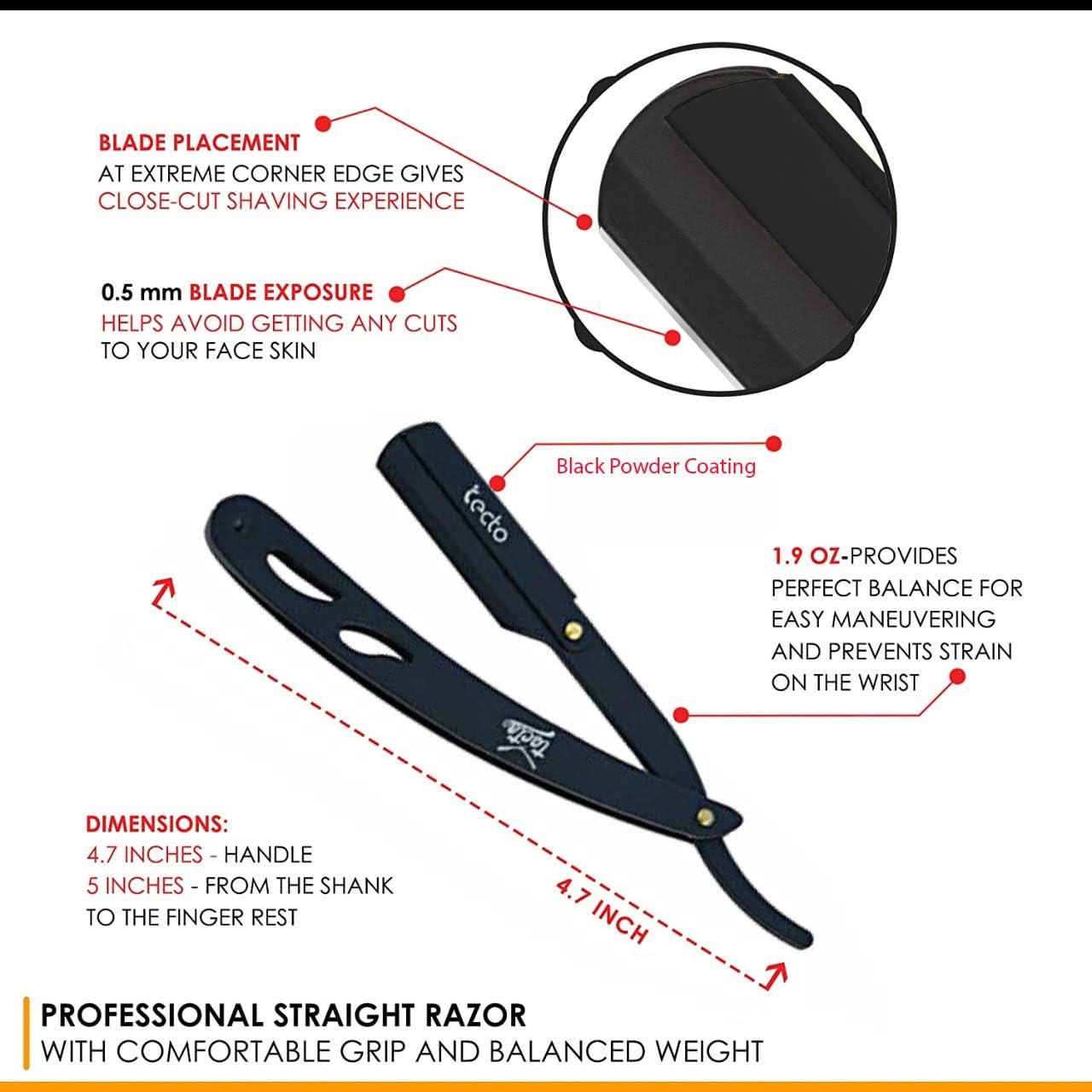 Tecto Straight Cut Throat Razor, Premium Quality Edge Matte Black for Moustache & Beard Shaving, Light Weight Single Blade - Image 3