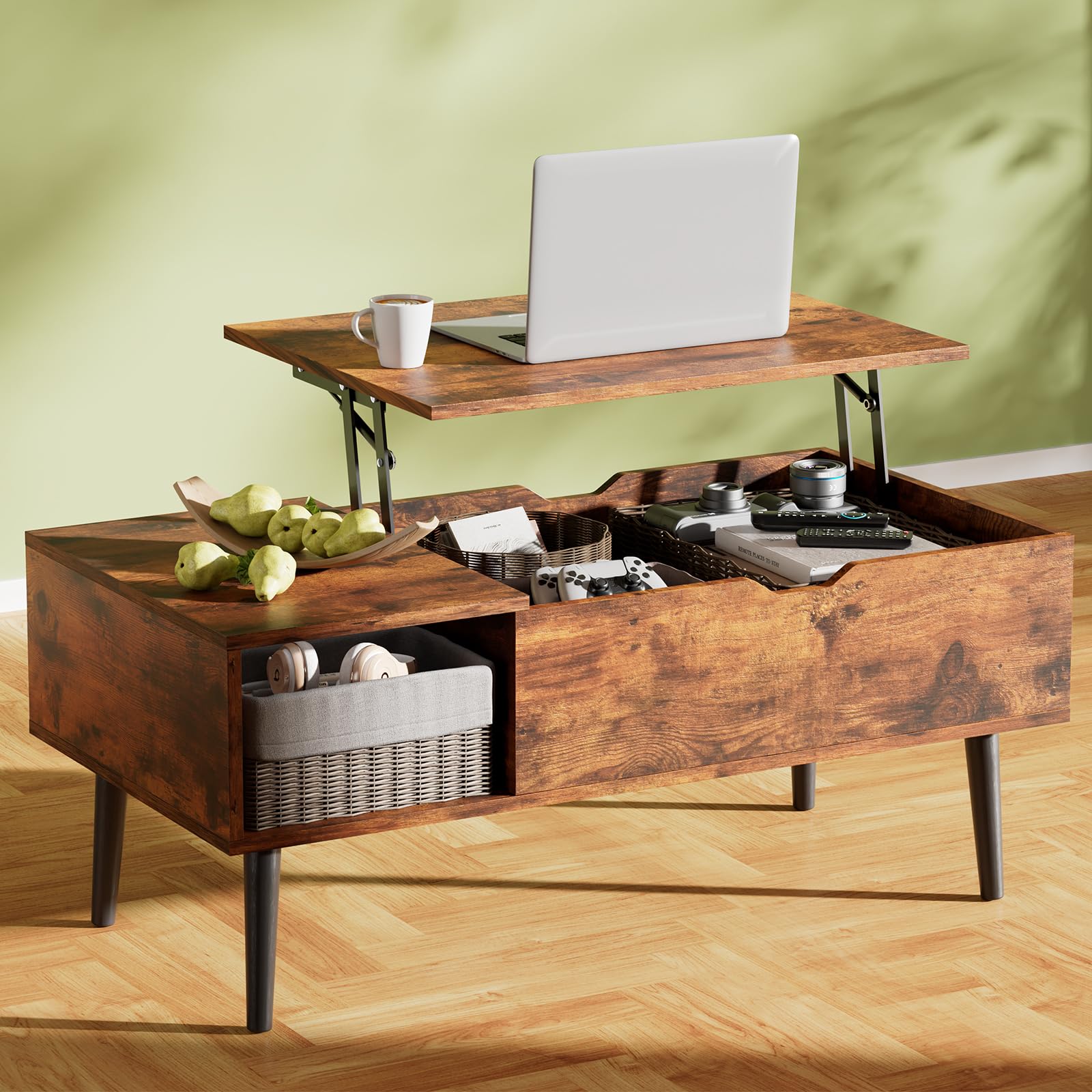 Photo 1 of OLIXIS Wood Lift Top Coffee Table with Hidden Compartment and Large Storage Shelf, Lift Tabletop Dining Center Table for Home Living Room Office, Natural Wood