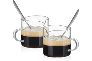 MESNEY Espresso Cups Set of 2, 4 Oz Espresso Shot Glass with Handle Double Spout Cups Clear Glass Milk Cup