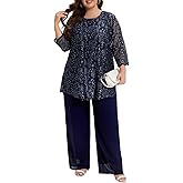 Women's Plus Size Lace Mother of The Bride Pant Suits 3Pcs Wedding Formal Outfit Set Evening Party Gown